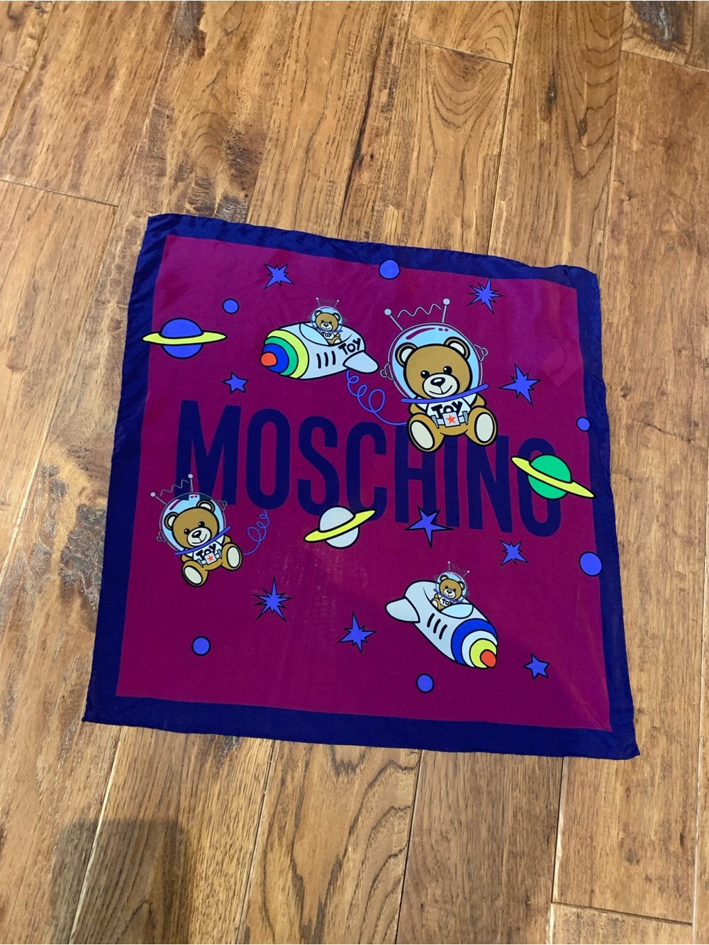 Moschino Burgundy and Navy Teddy Space Silk Scarf